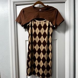 Spaghetti strapped, dress with brown and cream diamond pattern.